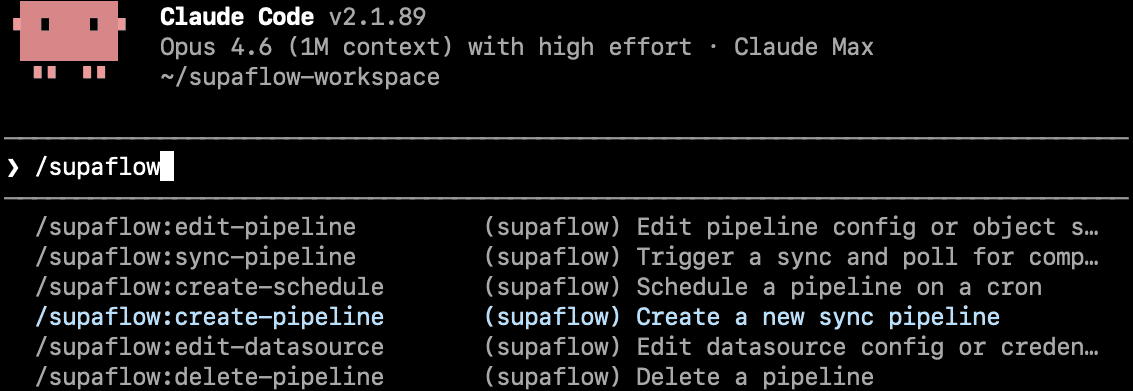 Supaflow plugin commands in Claude Code showing autocomplete for datasources, pipelines, schedules, and jobs