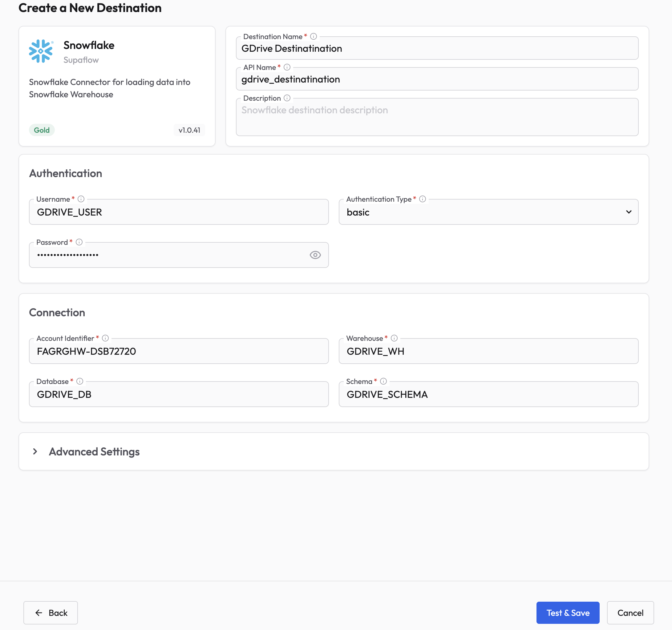 Create destination form