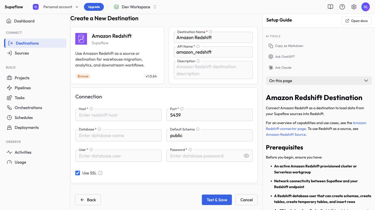 Create an Amazon Redshift destination in Supaflow