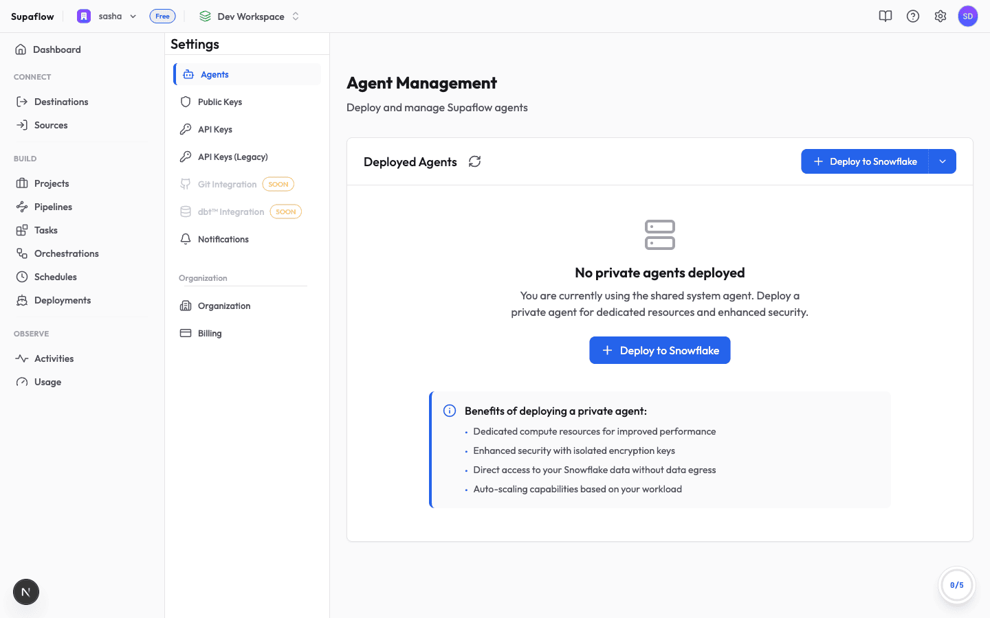 Agents page before deploying a private agent