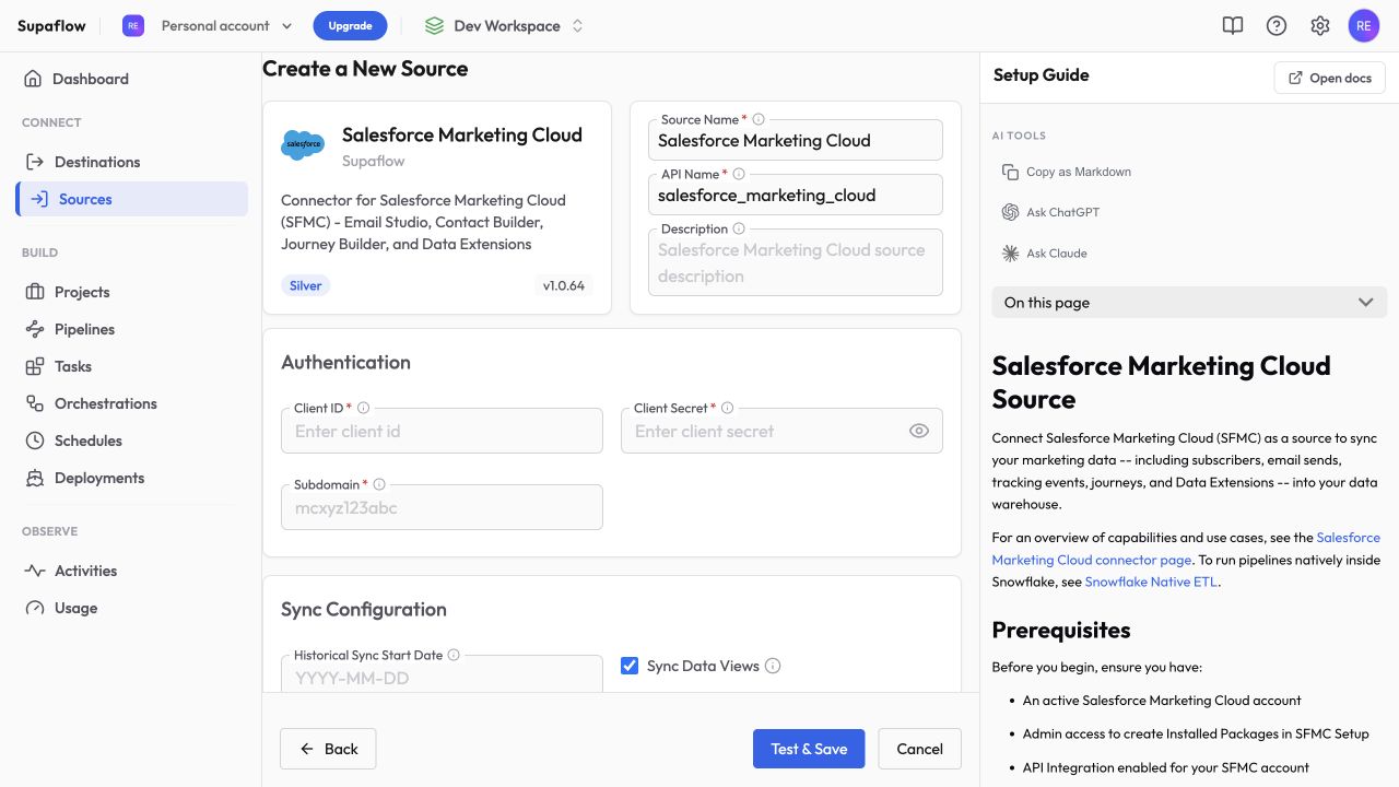 Create an SFMC source and enable Data Views in Supaflow
