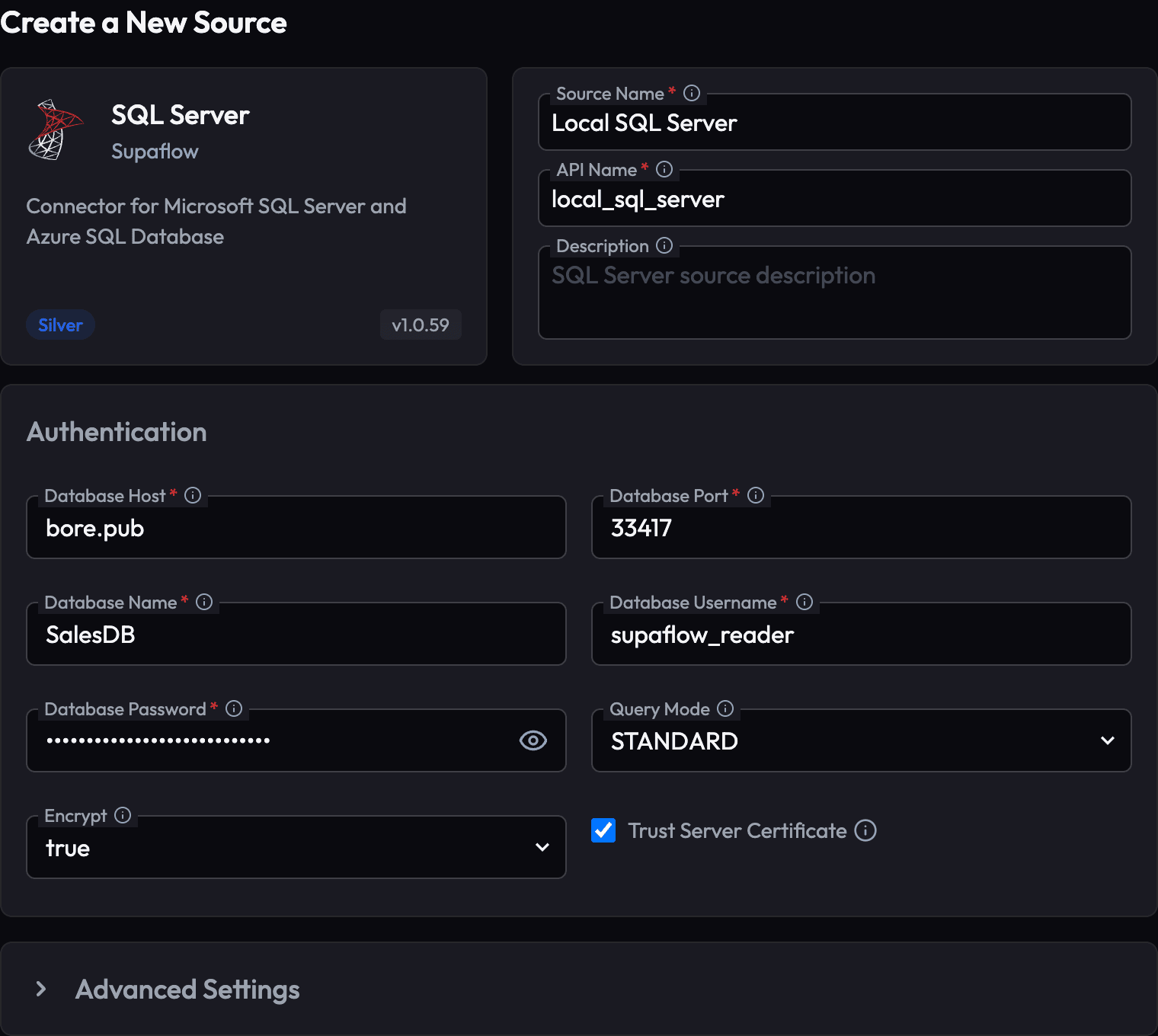 SQL Server datasource configured with a bore endpoint