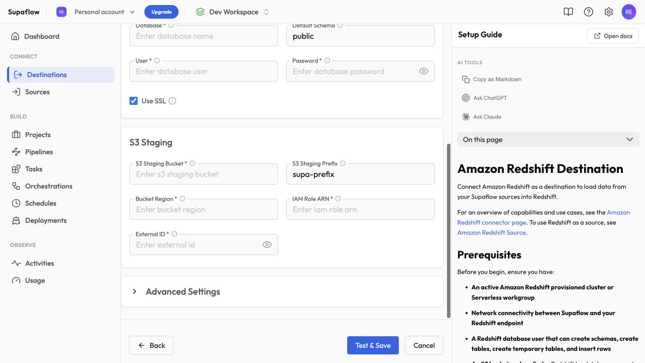 Configure S3 staging for the Redshift destination