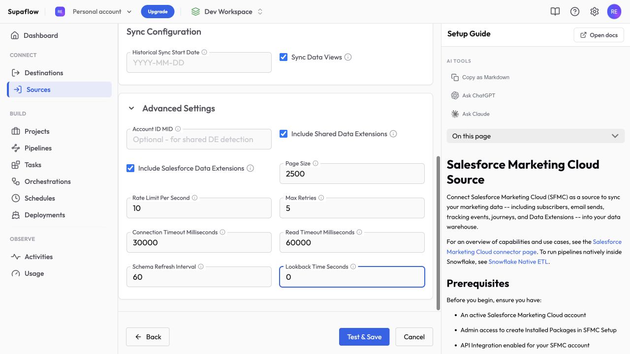 Review the SFMC Business Unit, Data Extension, and sync defaults