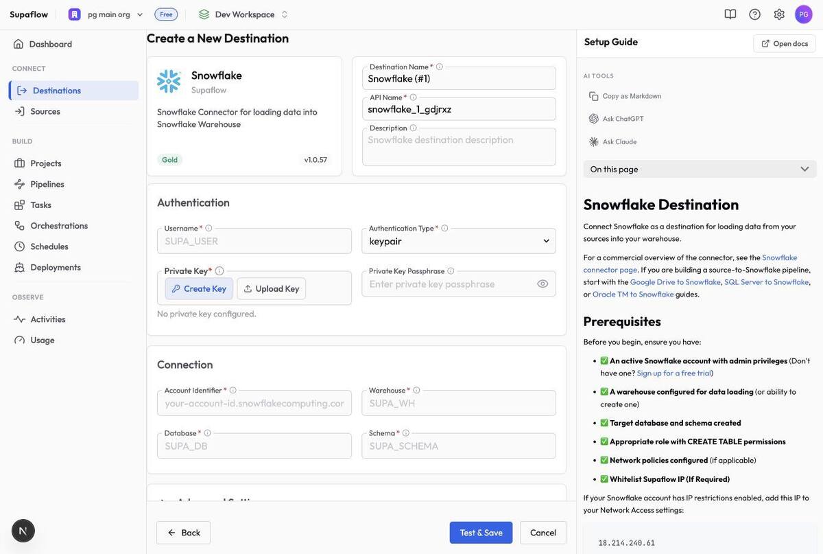 Create Snowflake destination