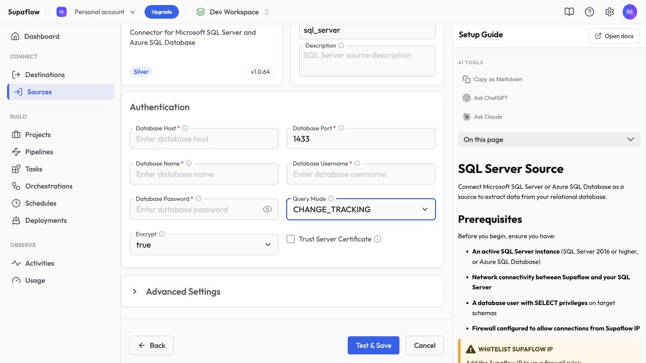 Create a SQL Server source with Change Tracking selected