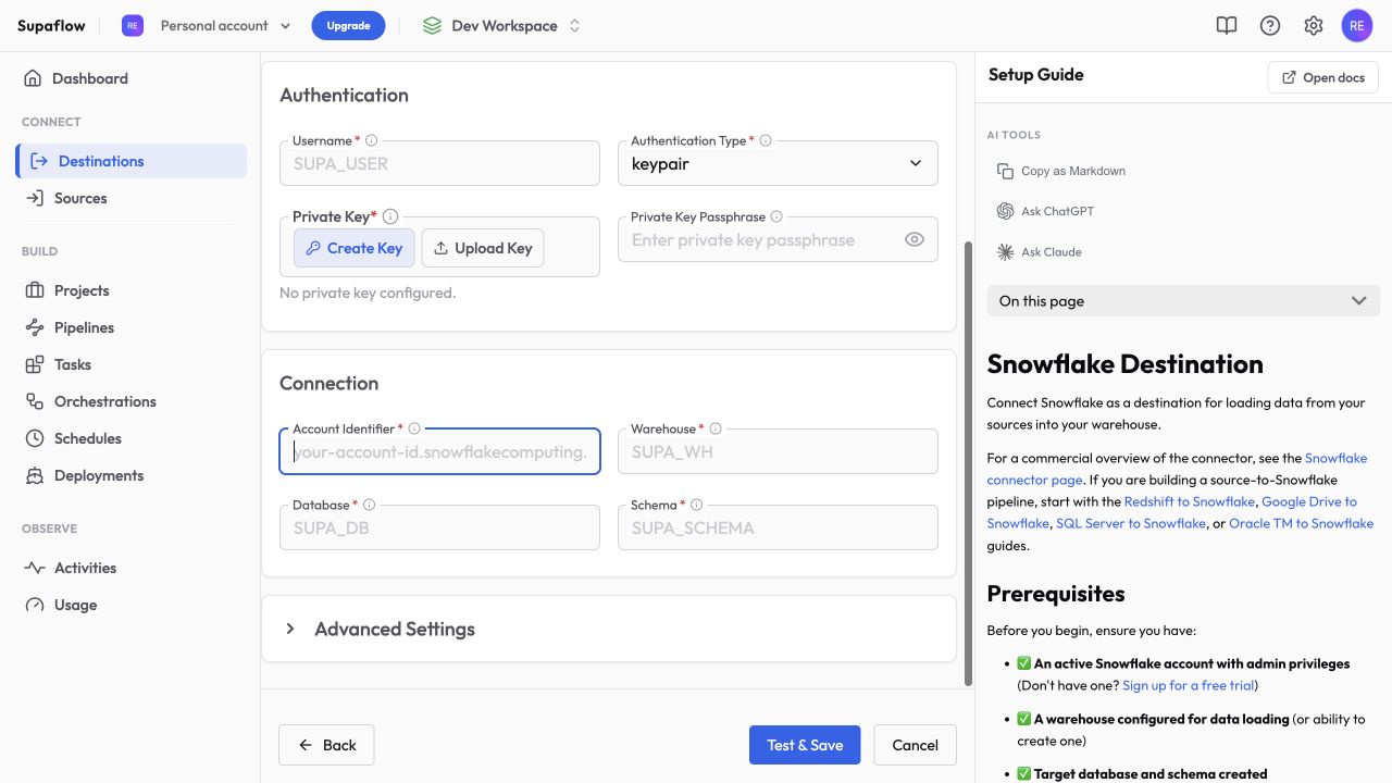 Configure the Snowflake destination connection in Supaflow