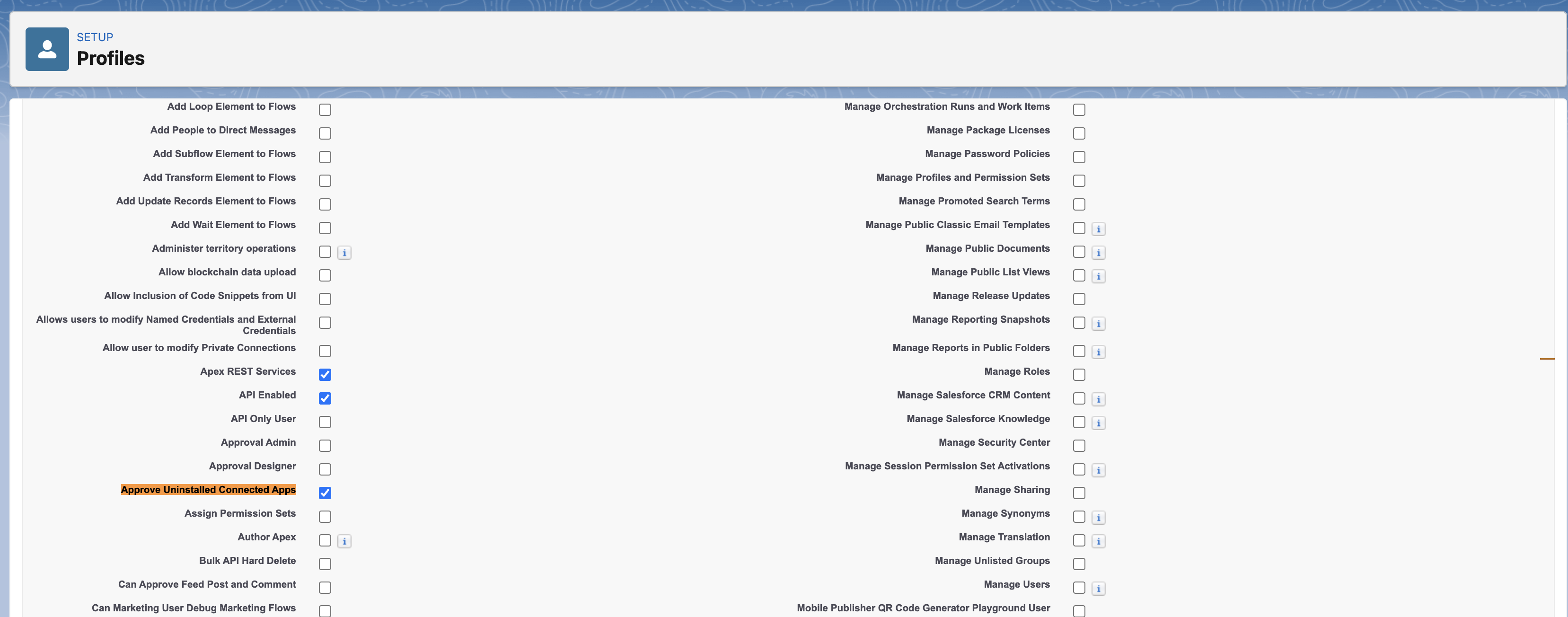 Administrative Permissions - enable API Enabled and Approve Uninstalled Connected Apps