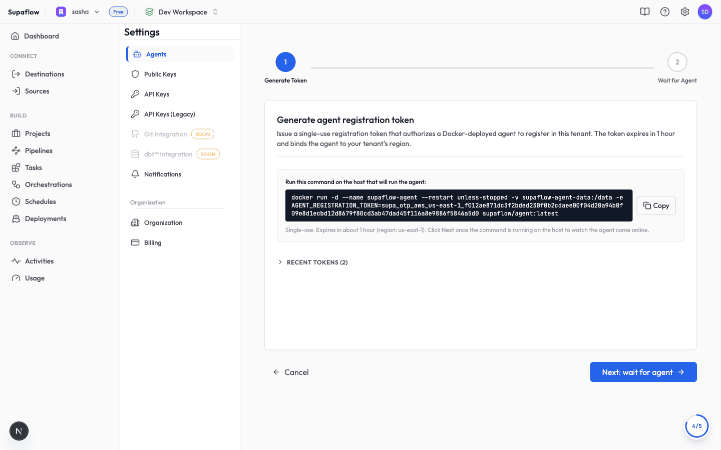 Generated registration token and Docker command