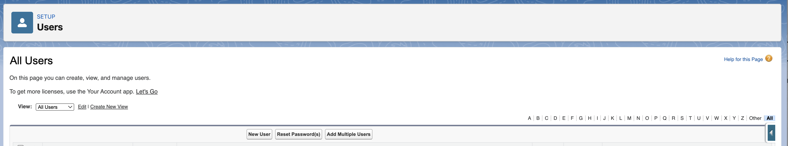 Users page with New User button