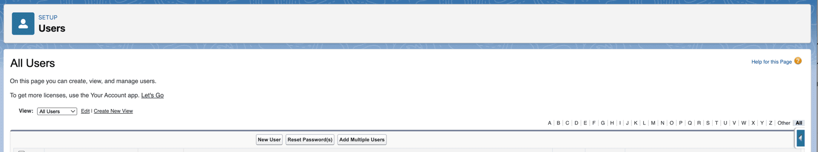 Users page with New User button