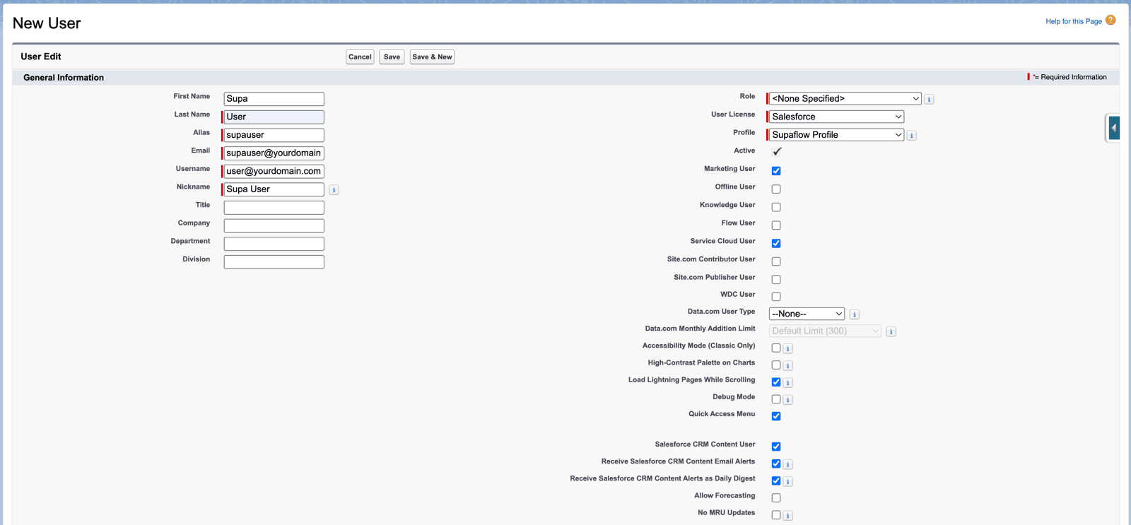 New User form with Supaflow Profile selected