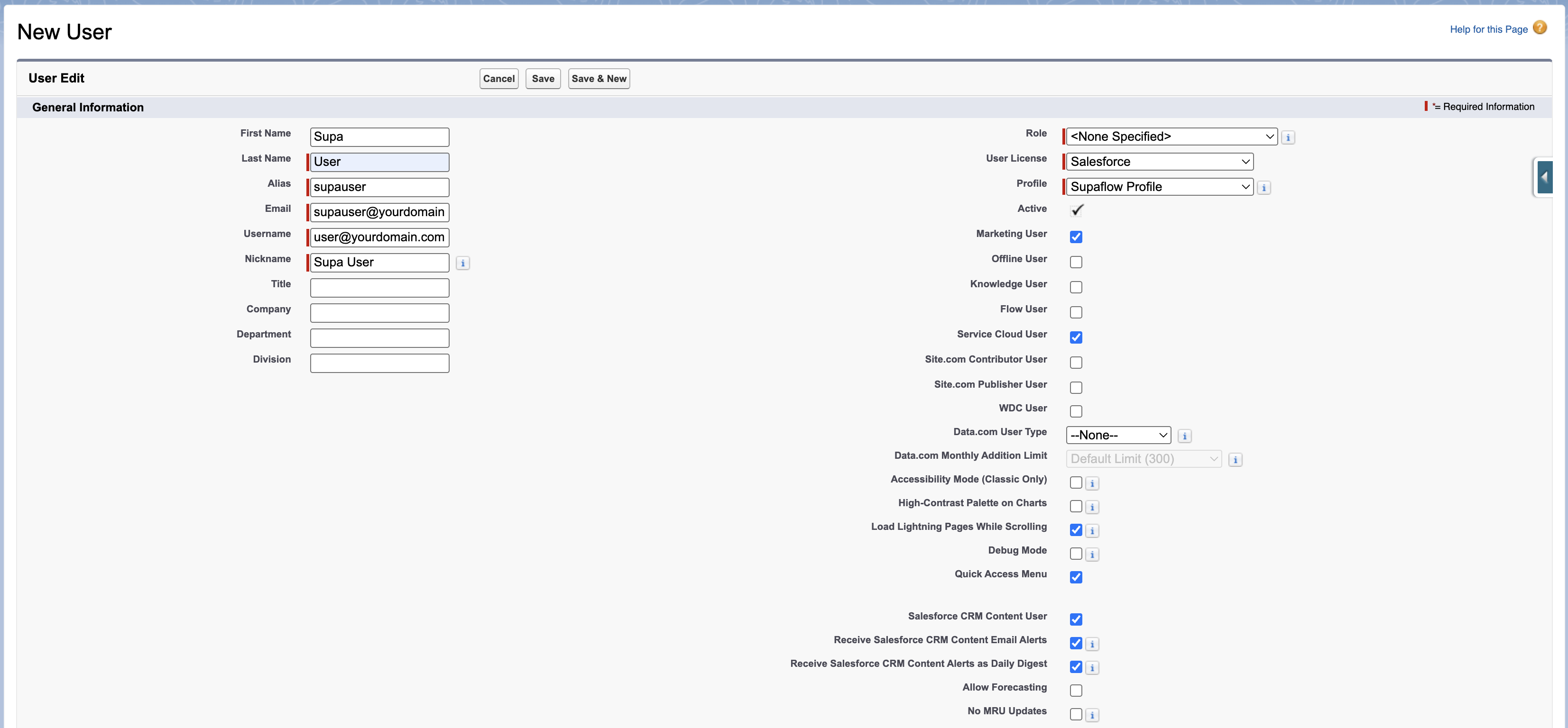 New User form with Supaflow Profile selected