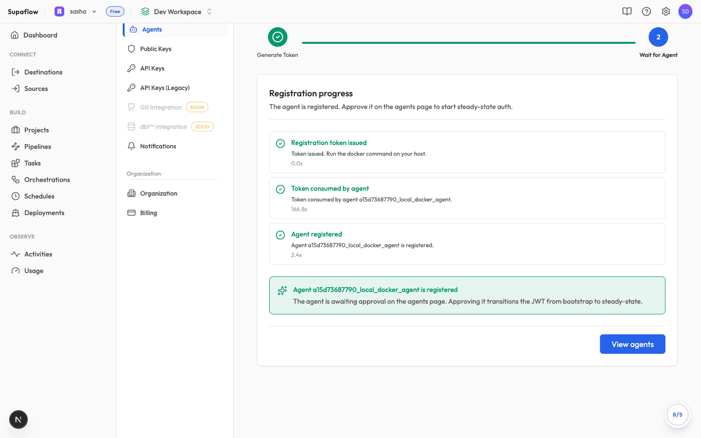 Wizard showing the agent registered