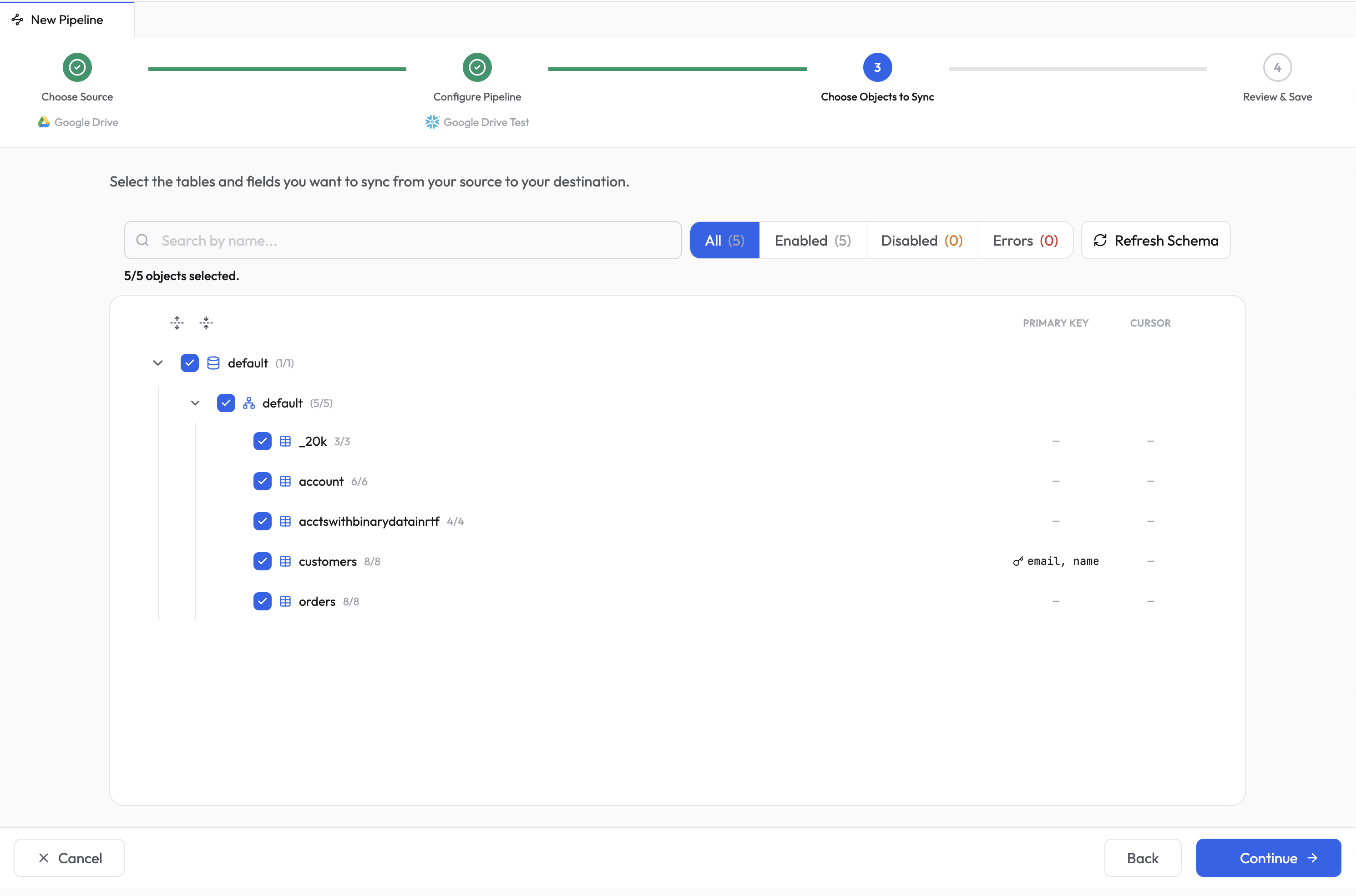 Choose objects to sync