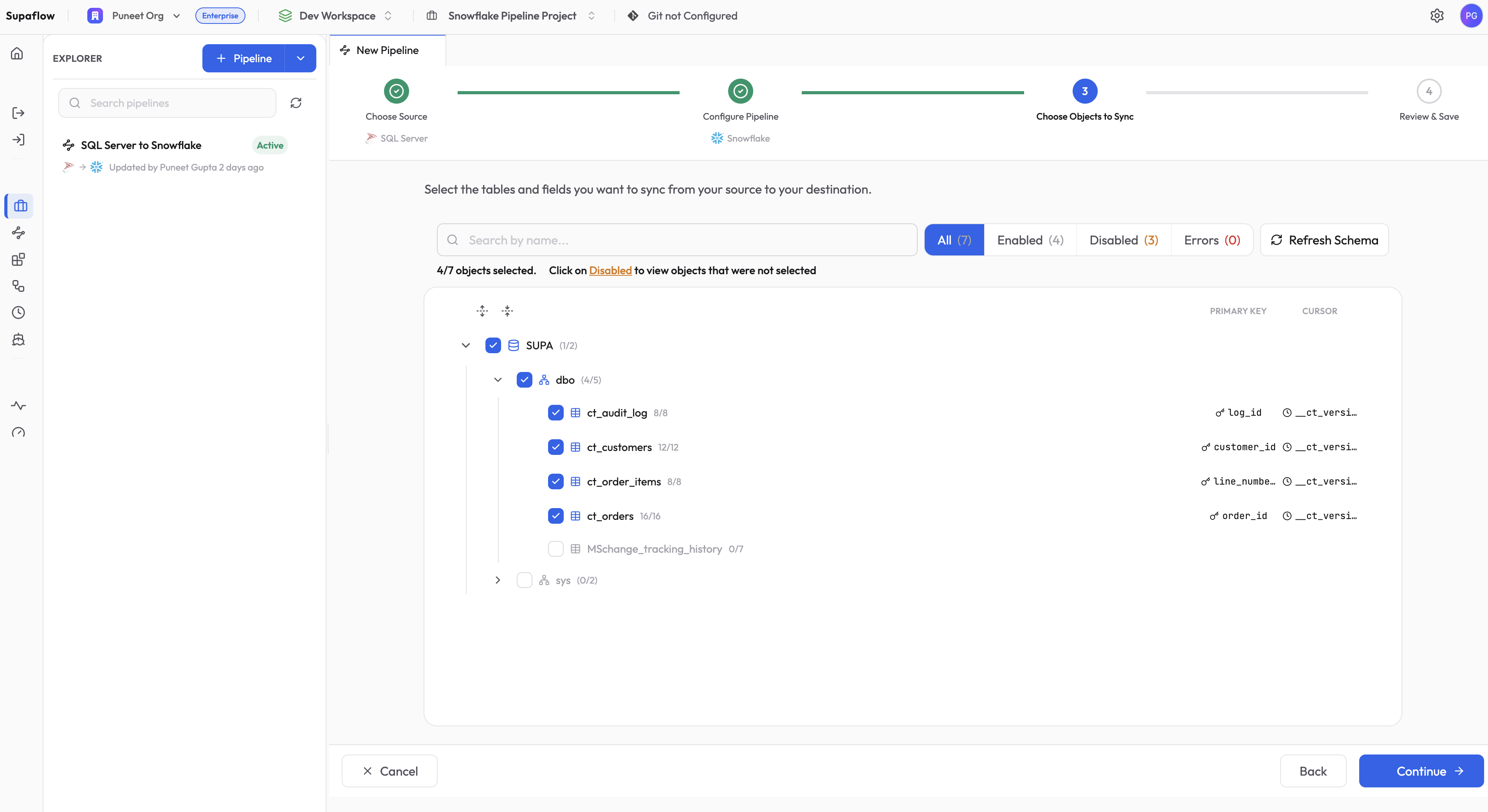 Choose objects to sync