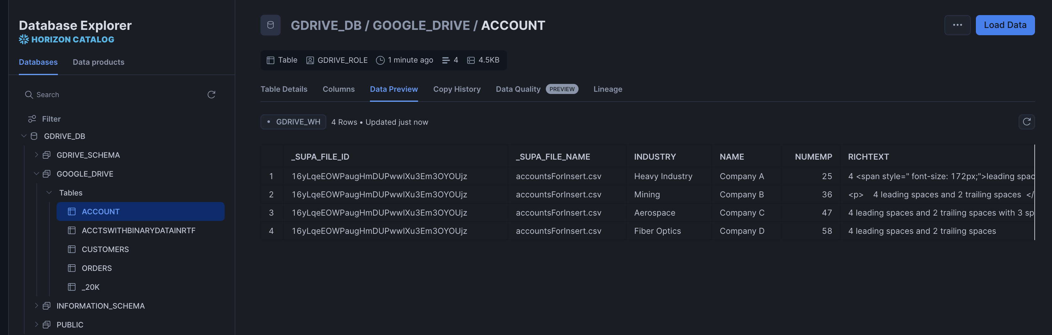 Snowflake data preview