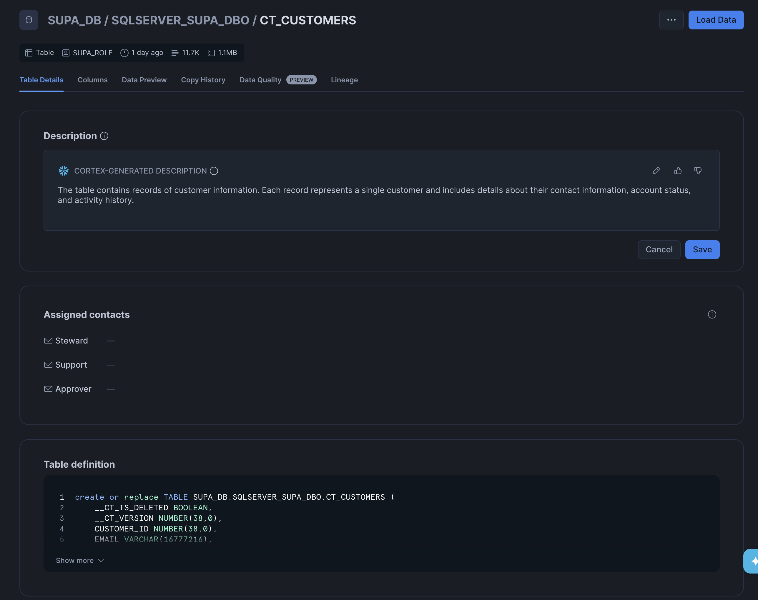 Snowflake table detail