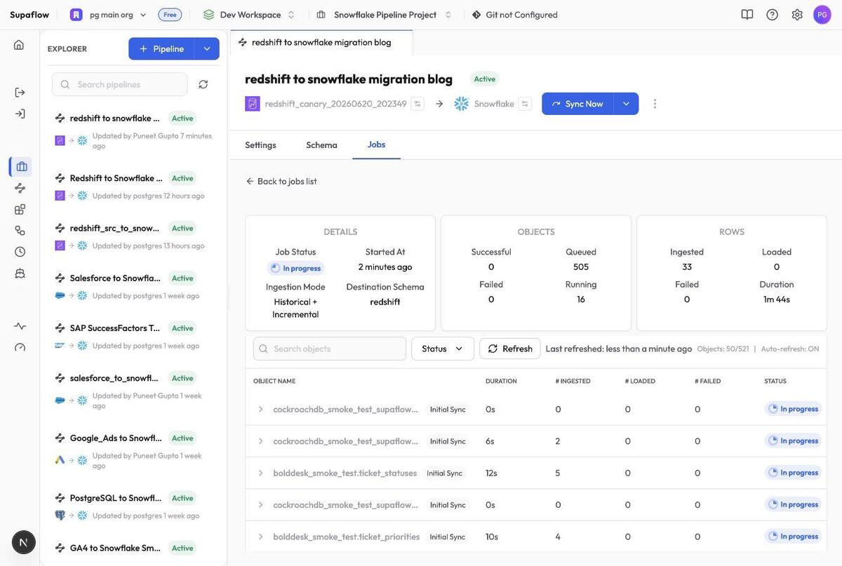 Redshift to Snowflake job object details