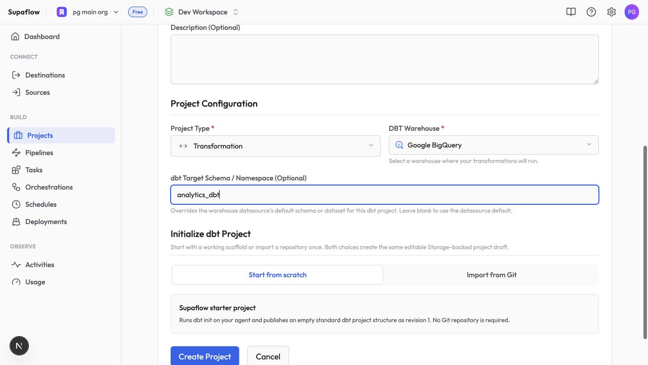 Select a dbt warehouse and initialize a transformation project