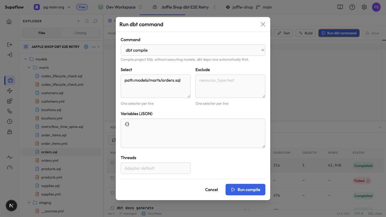 Run dbt command dialog with command, selector, variable, and thread options