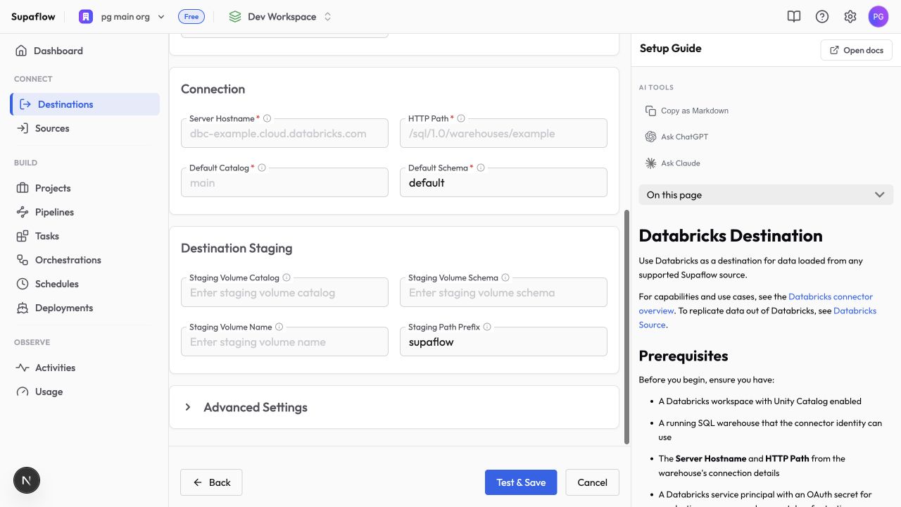 Configure the Databricks destination connection and staging volume in Supaflow