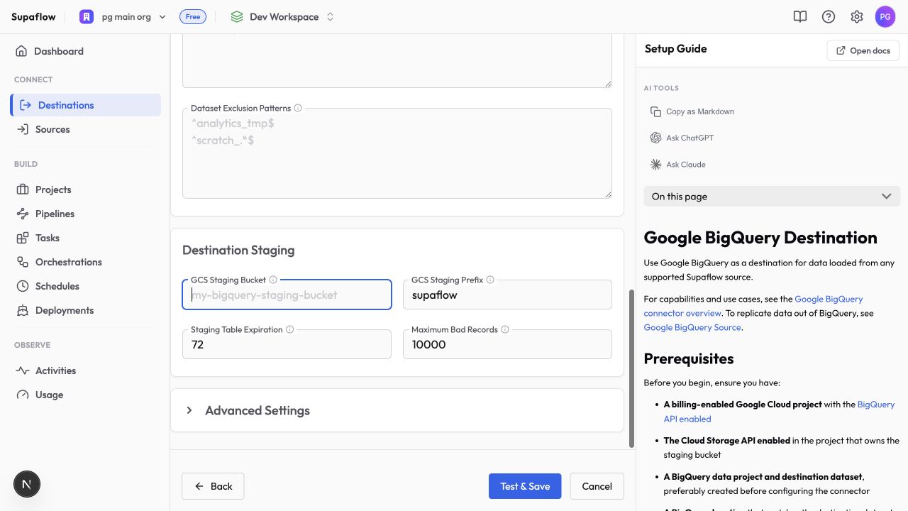 Configure the BigQuery destination staging bucket in Supaflow