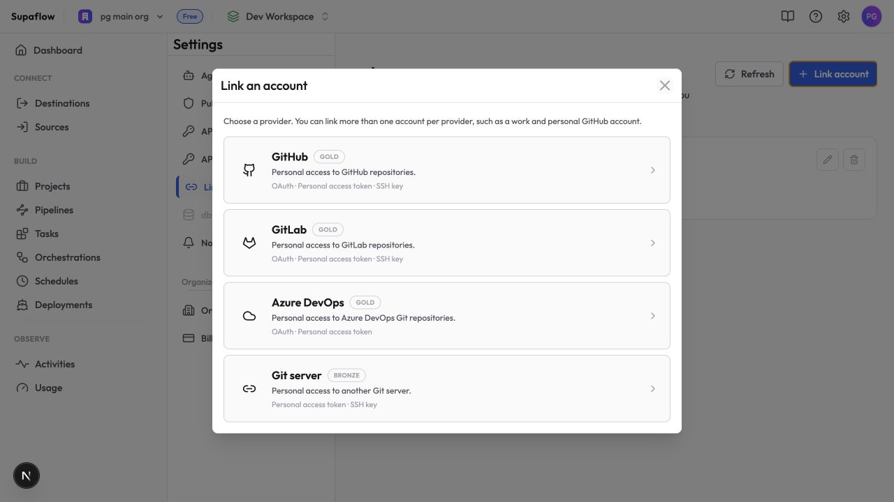Choose a Git provider when linking an account
