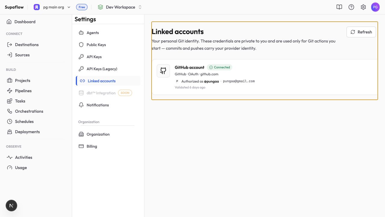 View connected Git accounts in Settings
