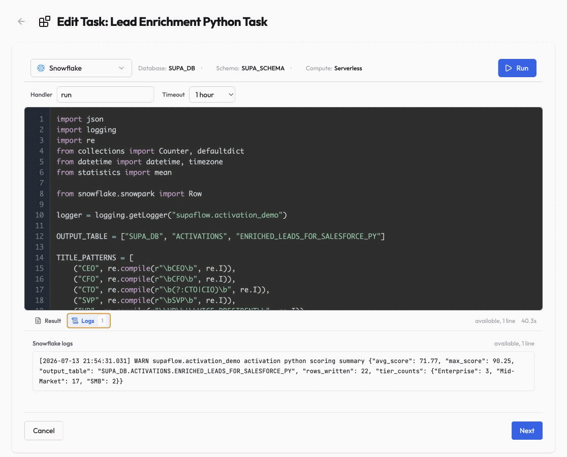Snowflake telemetry from a completed Python task in Supaflow