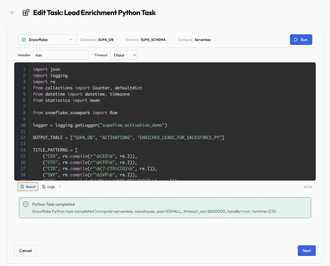 Successful Snowflake Python task in the Supaflow task editor