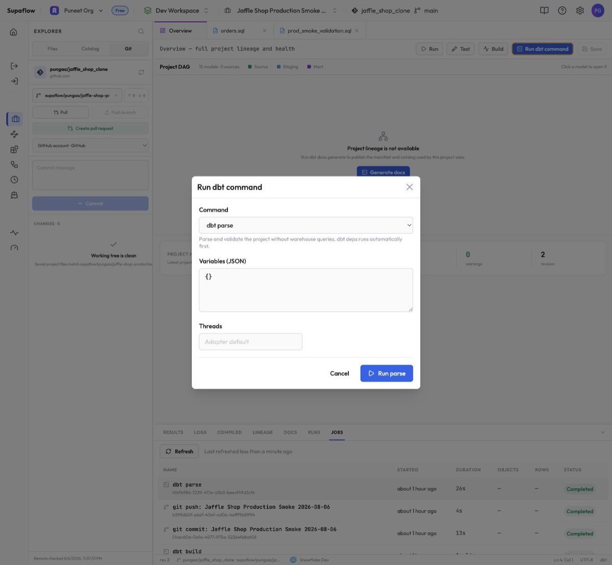 Select dbt parse in the Run dbt command dialog