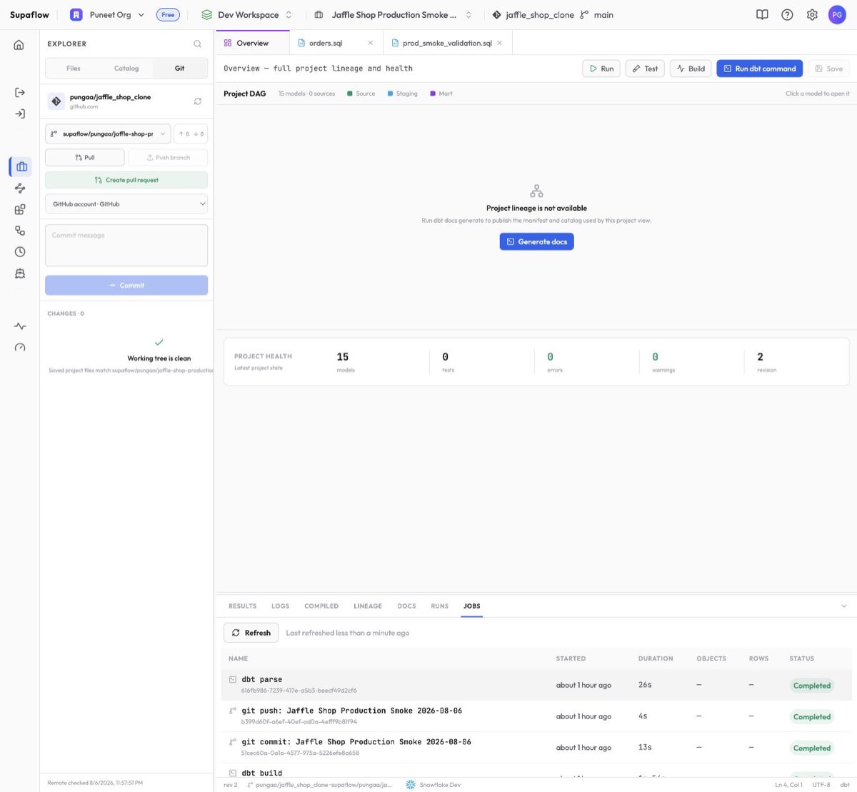 A clean personal branch with completed dbt build, parse, commit, and push jobs
