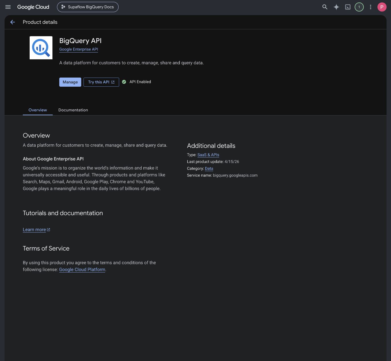 BigQuery API enabled in the Google Cloud console