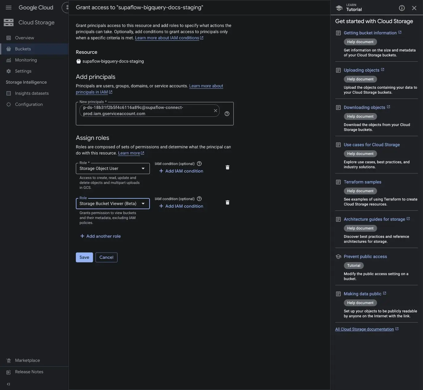 Grant object and bucket-metadata access on the staging bucket