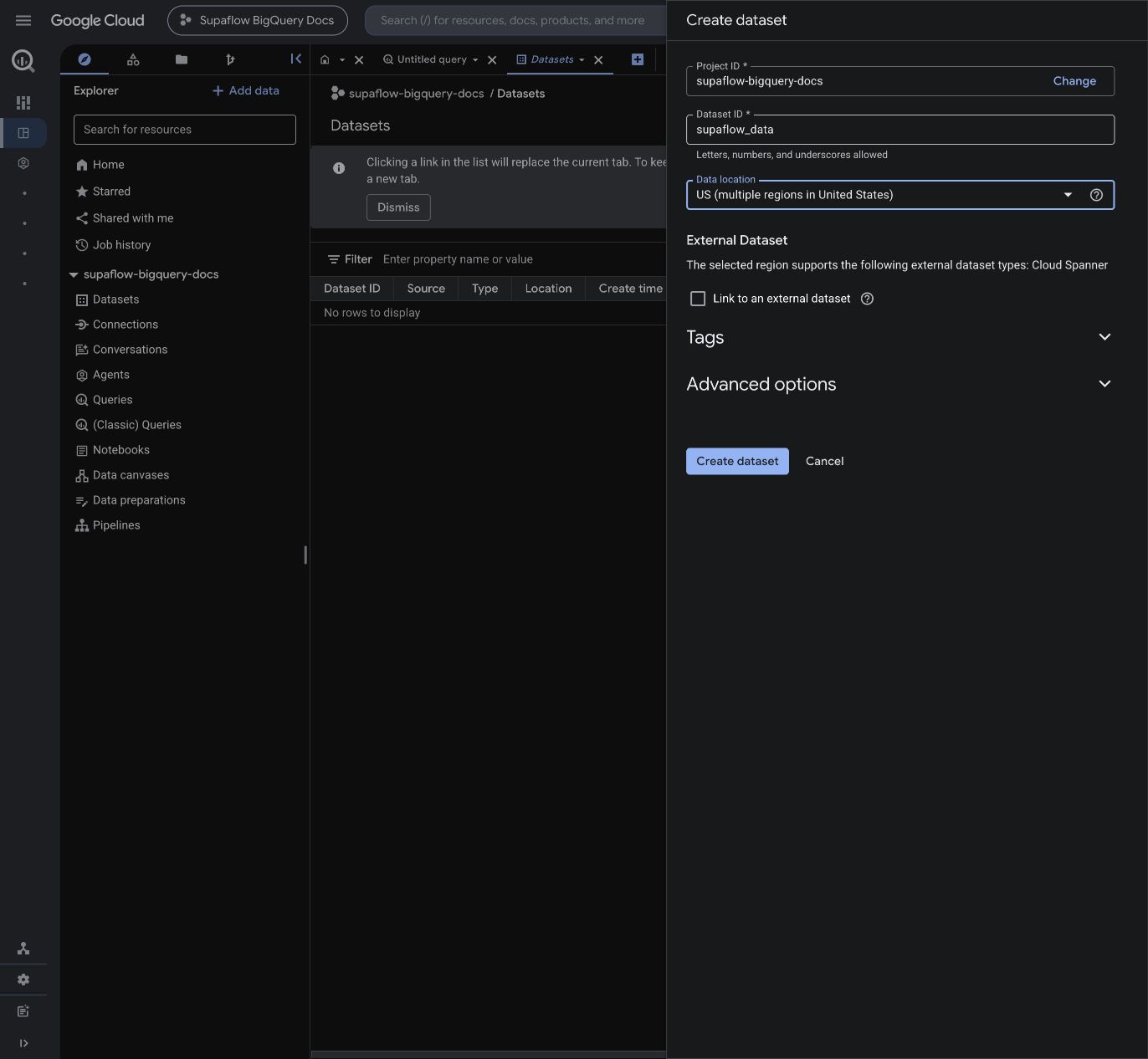 Create the BigQuery destination dataset in the US multi-region