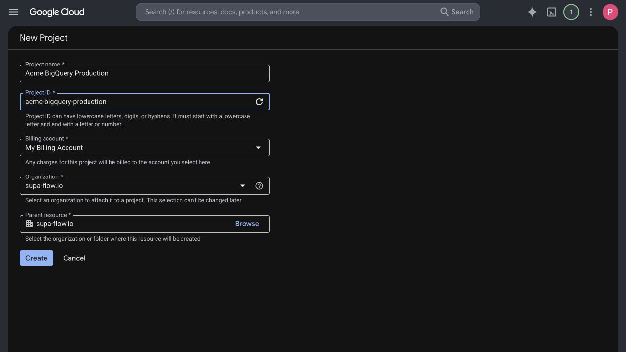 Complete the new Google Cloud project form before clicking Create