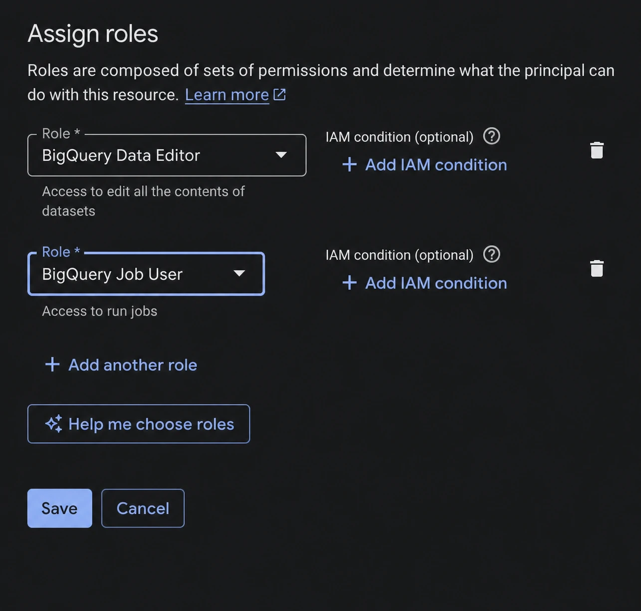 Grant BigQuery Data Editor and BigQuery Job User when Project ID owns both data and jobs