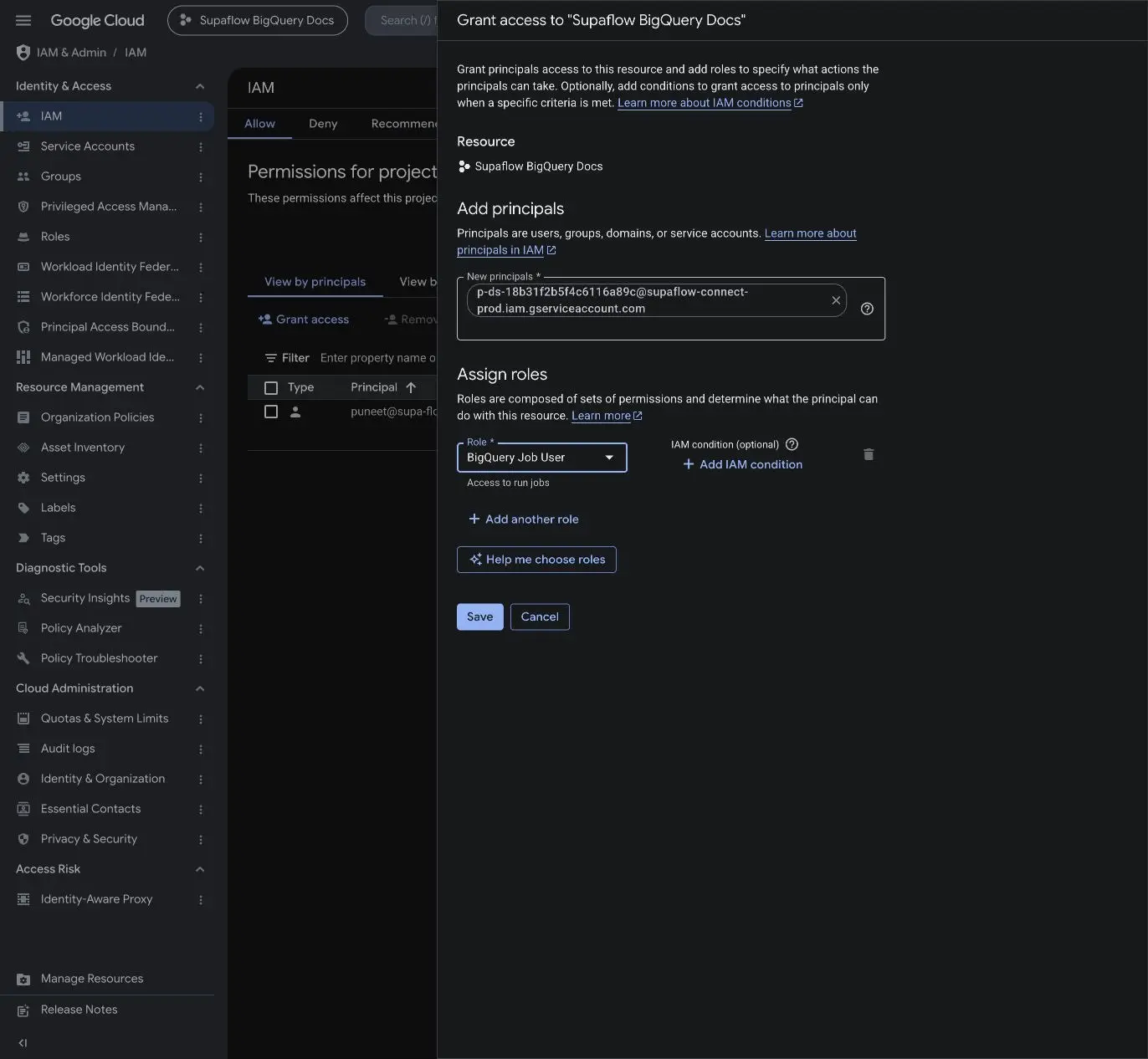 Grant BigQuery Job User on the job project