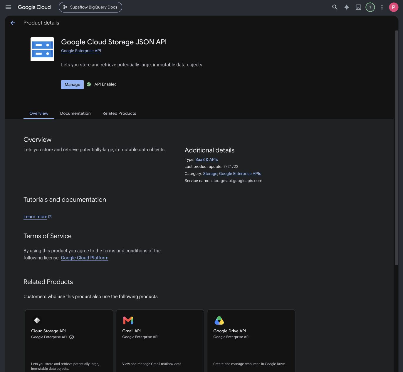 Cloud Storage API enabled in the Google Cloud console