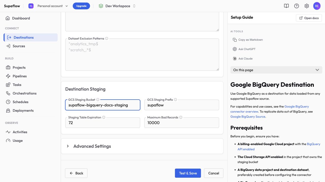 Complete the staging fields and click Test & Save
