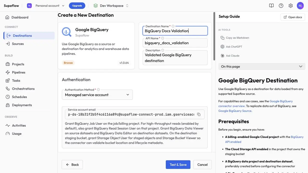Copy the managed service-account email from the Supaflow destination form