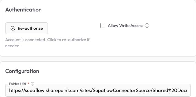 A connected SharePoint source with write access disabled and a folder URL configured