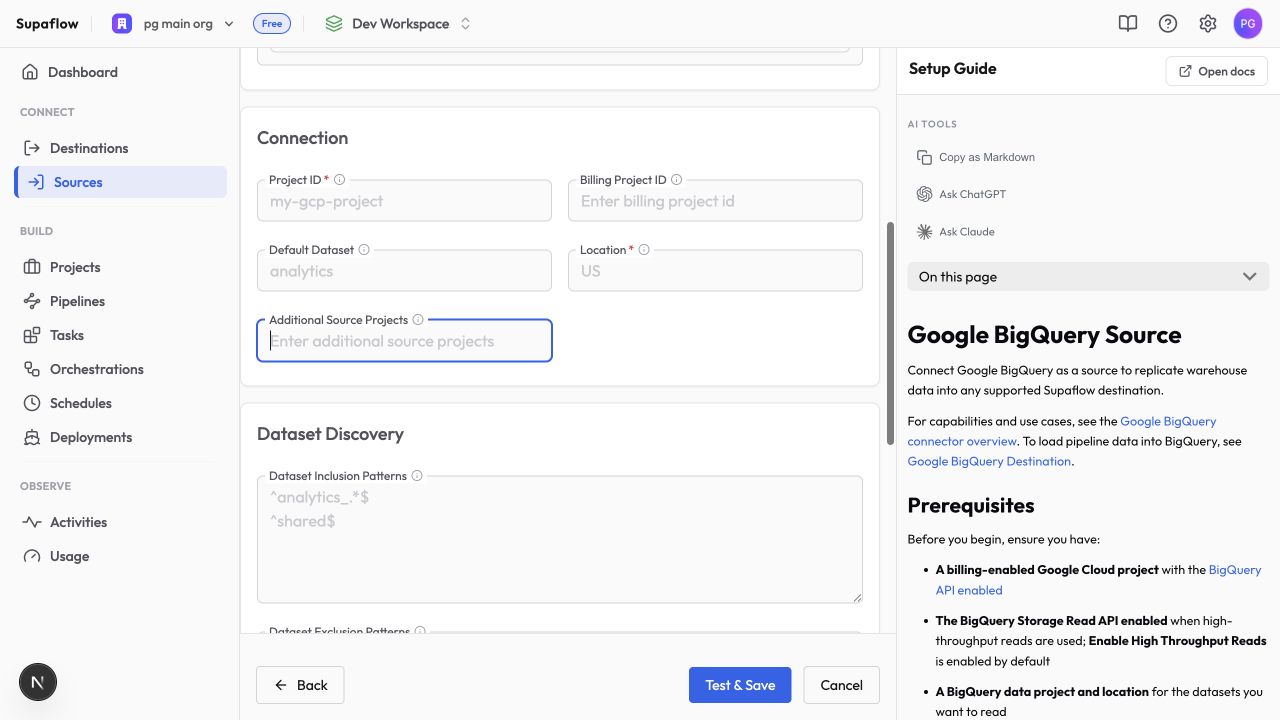 Configure BigQuery projects and dataset discovery for a source in Supaflow