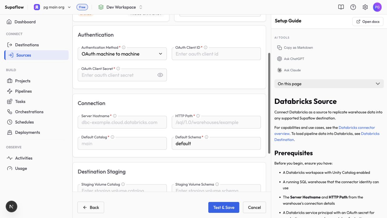 Configure the Databricks source connection in Supaflow